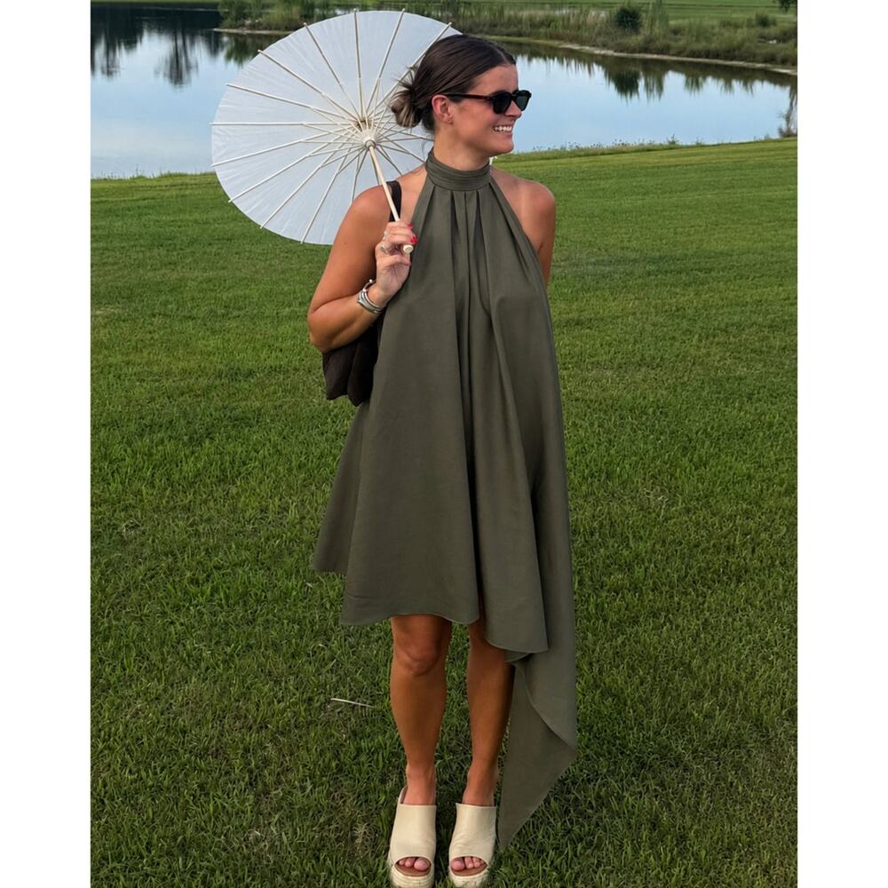RONNY KOBO Fleur Halter Dress in Olive Green Size Small